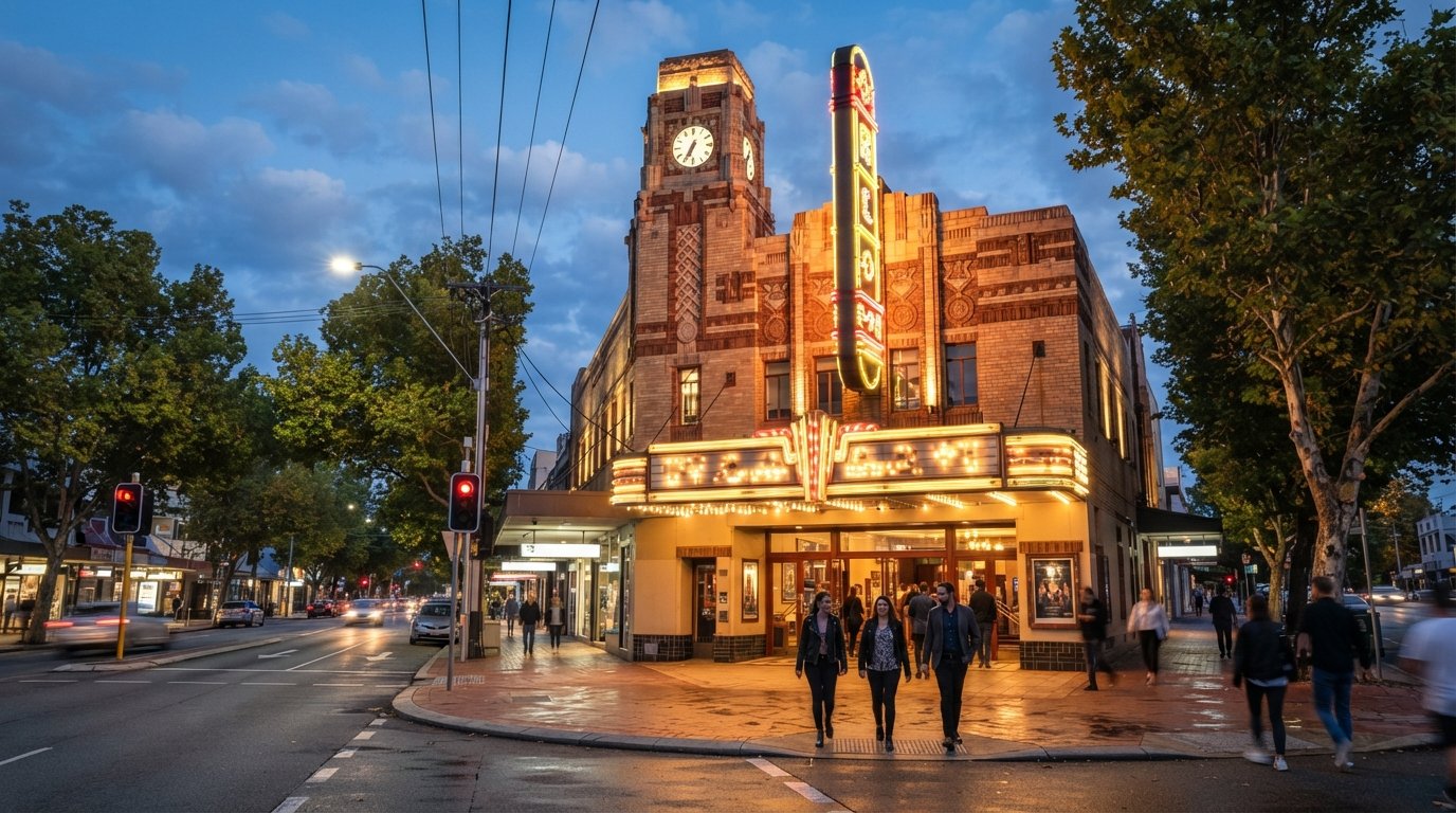 the Regal Theatre on the corner of Hay Street and Rokeby Road at twilight, its 1938 art deco façade glowing against the street trees